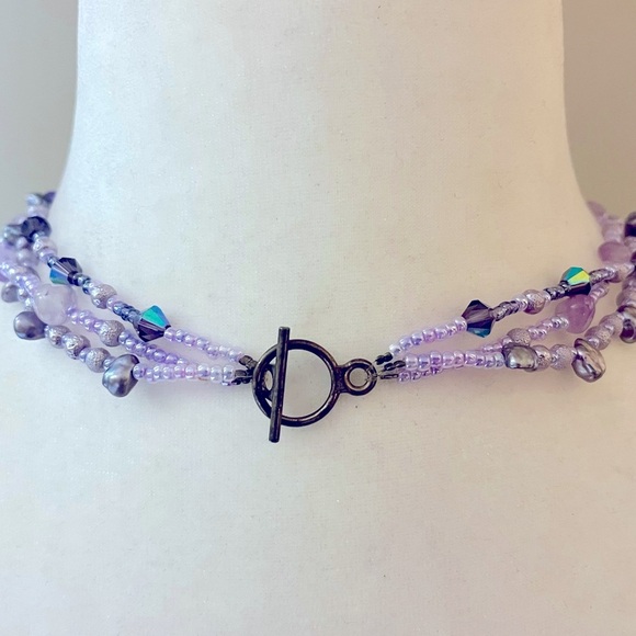 Purple Beaded Handmade Necklace Three Connected‎ Strands - Picture 4 of 6